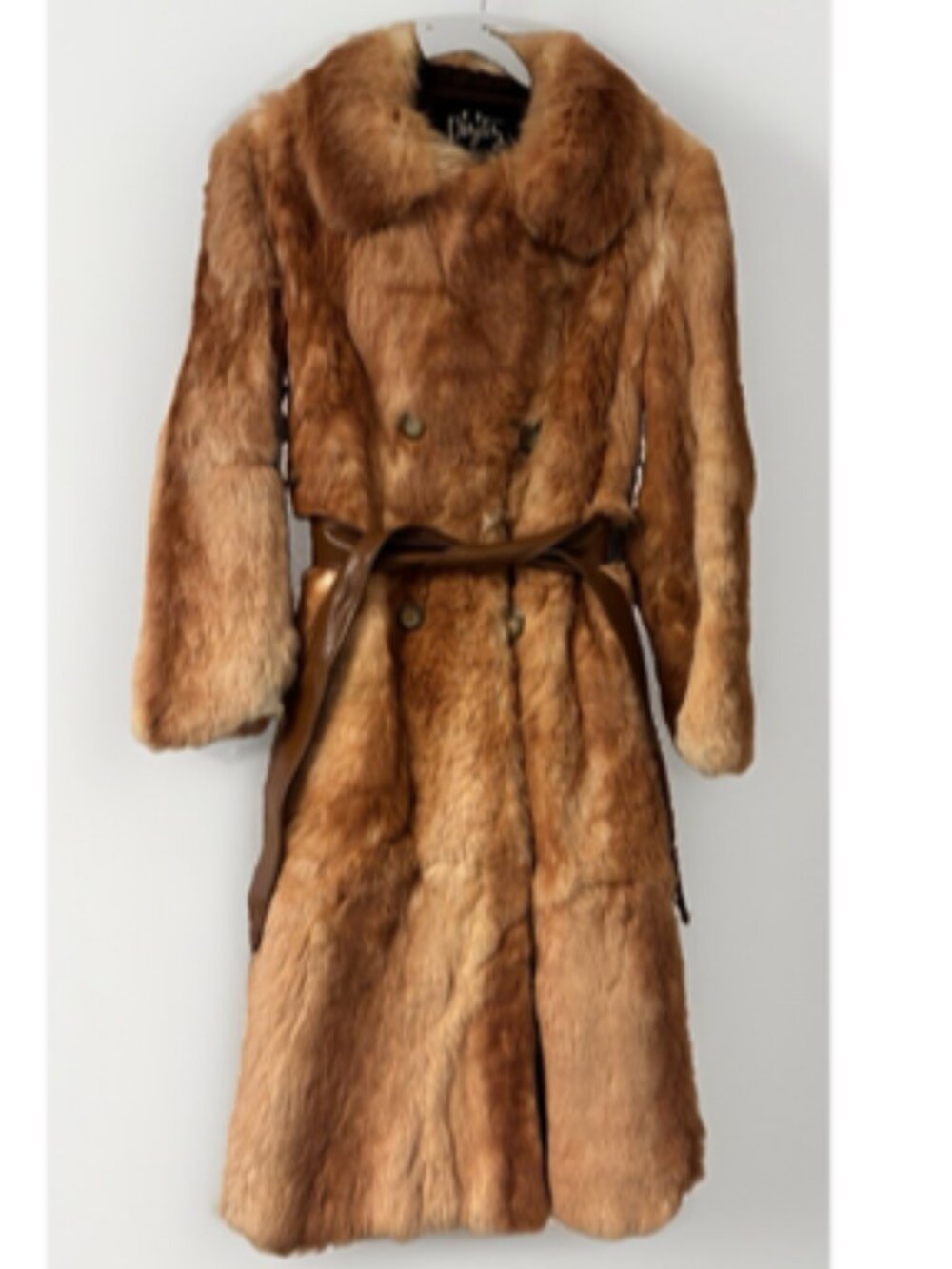 Vtg 70s Pizitz Real Rabbit Fur Caramel Brown Trench Belted Coat Jacket Size XS/S